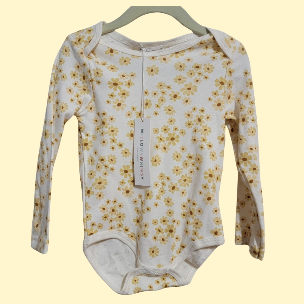 NWT Willow + Whimsy Long Sleeved Yellow One Piece Floral Bodysuit 24 Months